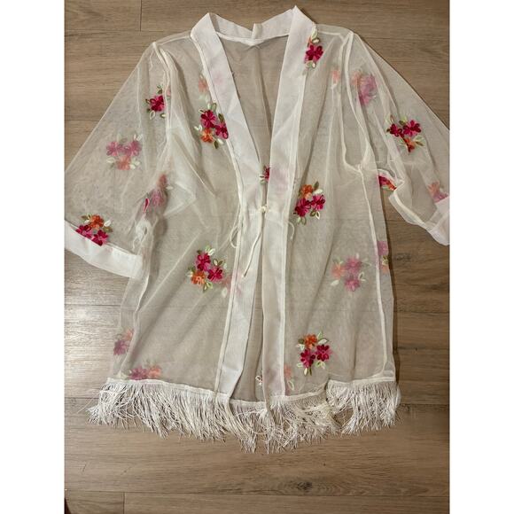 Sheer Floral Fringe Embroidered Wrap Women’s Tops Excellent Condition - Picture 3 of 5